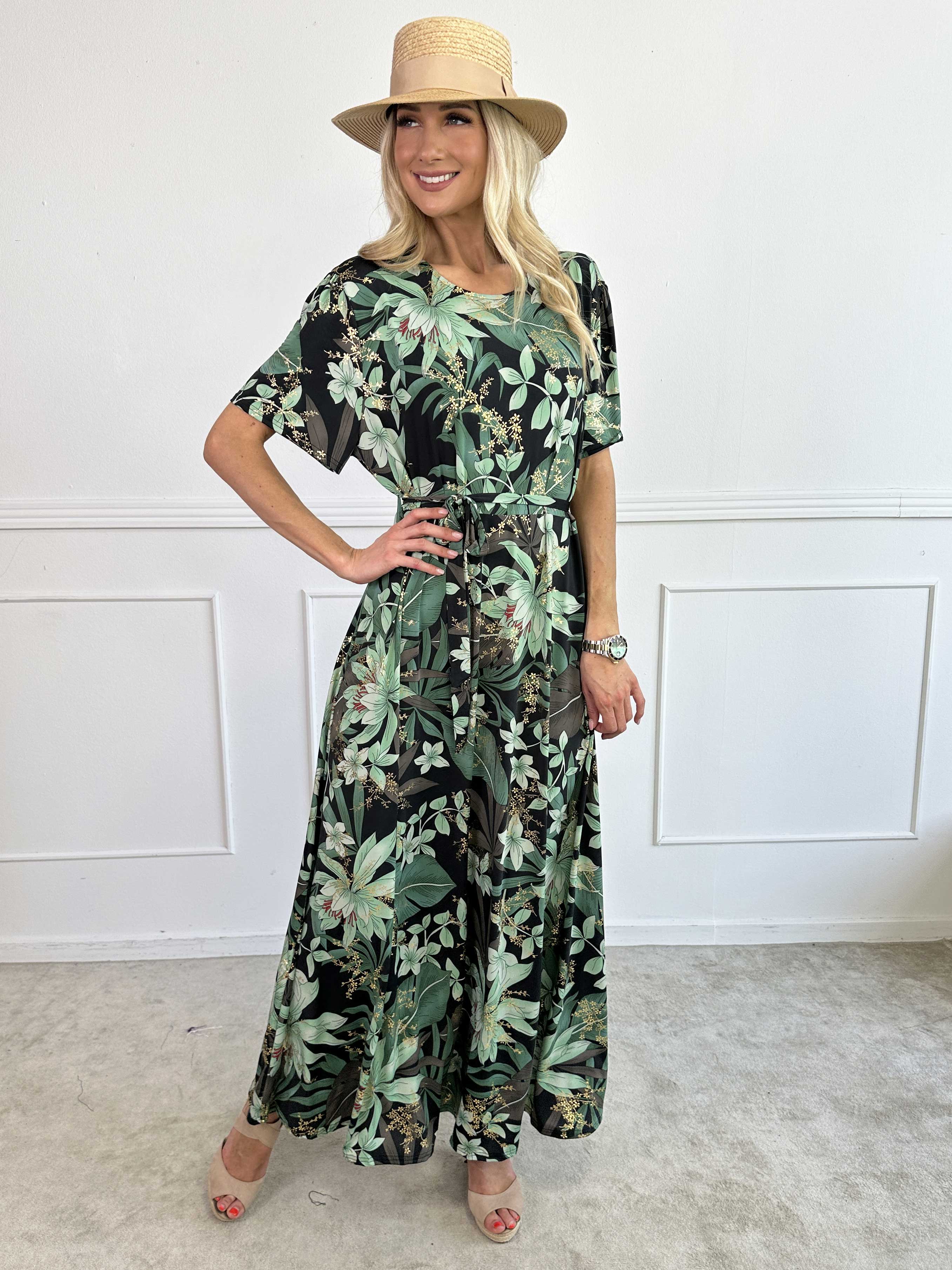 Sansa - Lang elastisk blomstret kjole med bindebånd